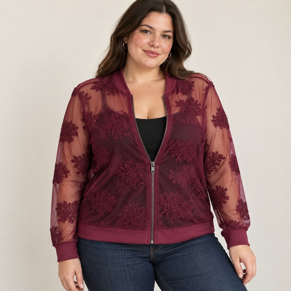 Torrid Embroidered Sheer Mesh Bomber Jacket Womens 3XL Floral Burgundy Zip Up